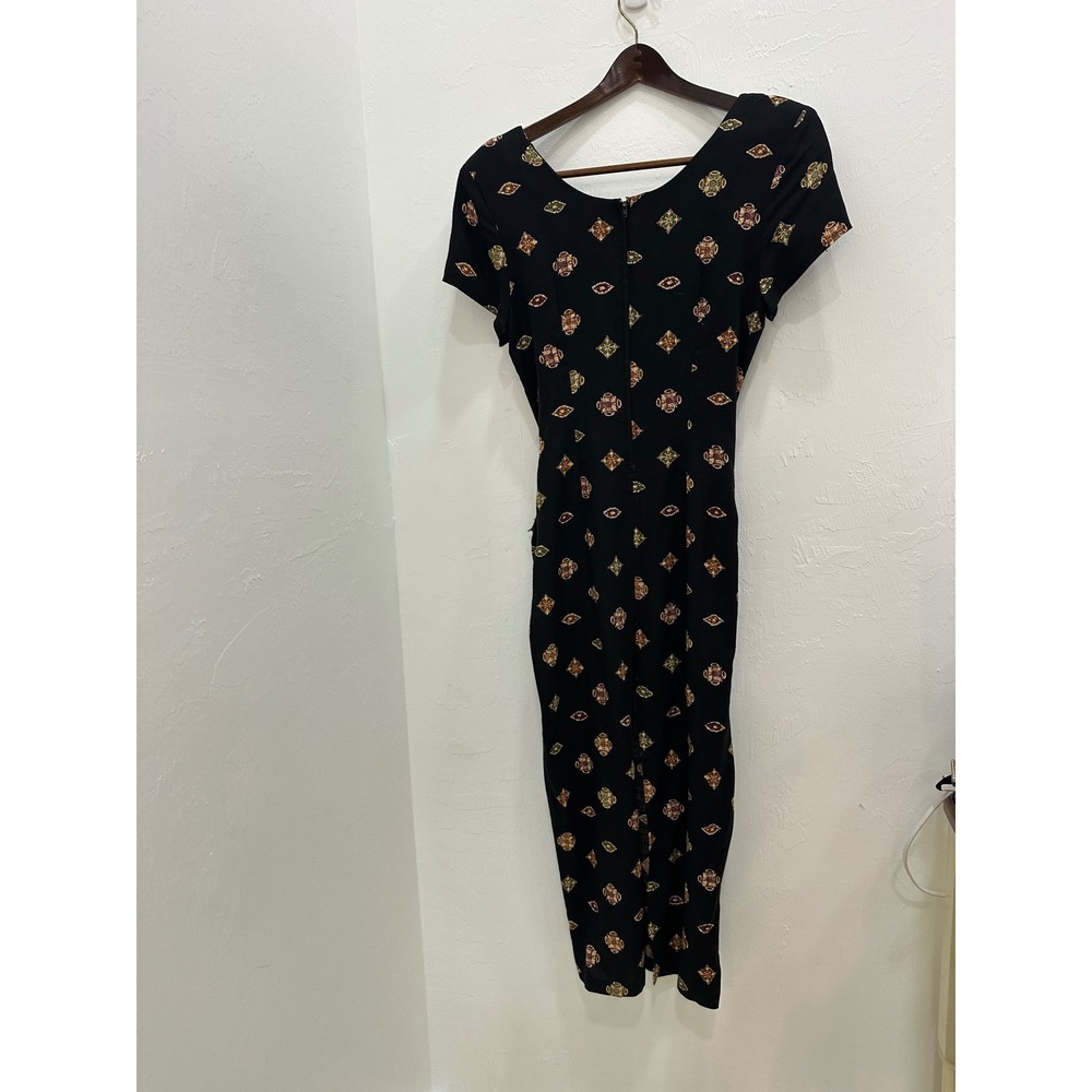 Meghan Matthews Vintage Batik Midi Dress Black Gold Faux Wrap Side Tie Rayon 10 - Picture 4 of 8